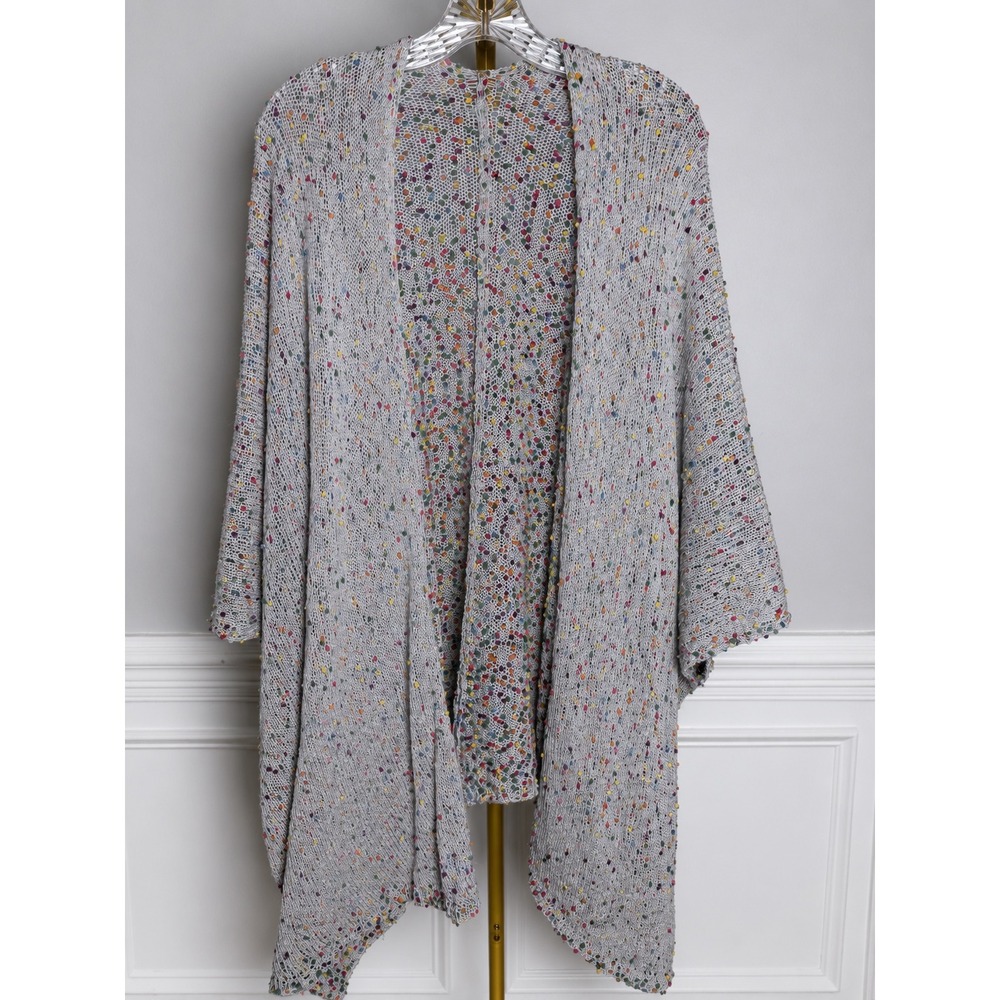 Judith March Cardigan Women Medium Gray Multi Boho Confetti Pom Pom Whimsical